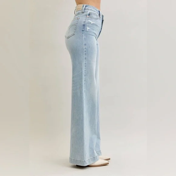 Judy Blue High Waist Retro Wide Criss-Cross Waistband Mild Destroy Jeans - Picture 8 of 10